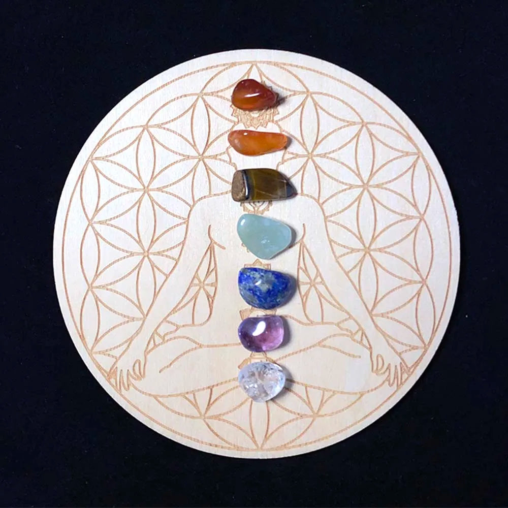 7pcs Set Natural Crystal Seven Chakra Healing Stone & Wooden Plate - Crystal Aura Co.