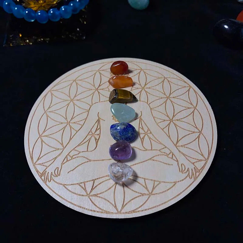 7pcs Set Natural Crystal Seven Chakra Healing Stone & Wooden Plate - Crystal Aura Co.