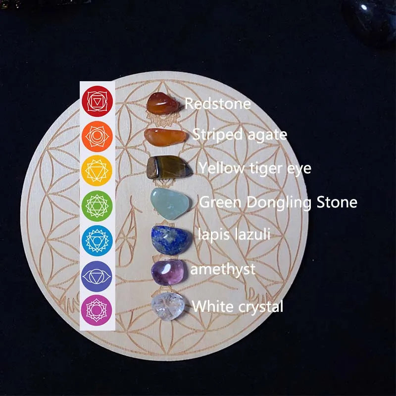 7pcs Set Natural Crystal Seven Chakra Healing Stone & Wooden Plate - Crystal Aura Co.