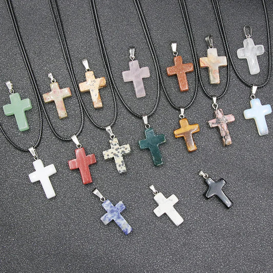 Natural Stone Crystal Cross Pendant & Necklace - Crystal Aura Co.