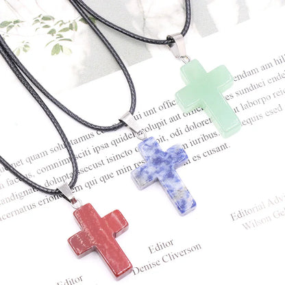 Natural Stone Crystal Cross Pendant & Necklace - Crystal Aura Co.