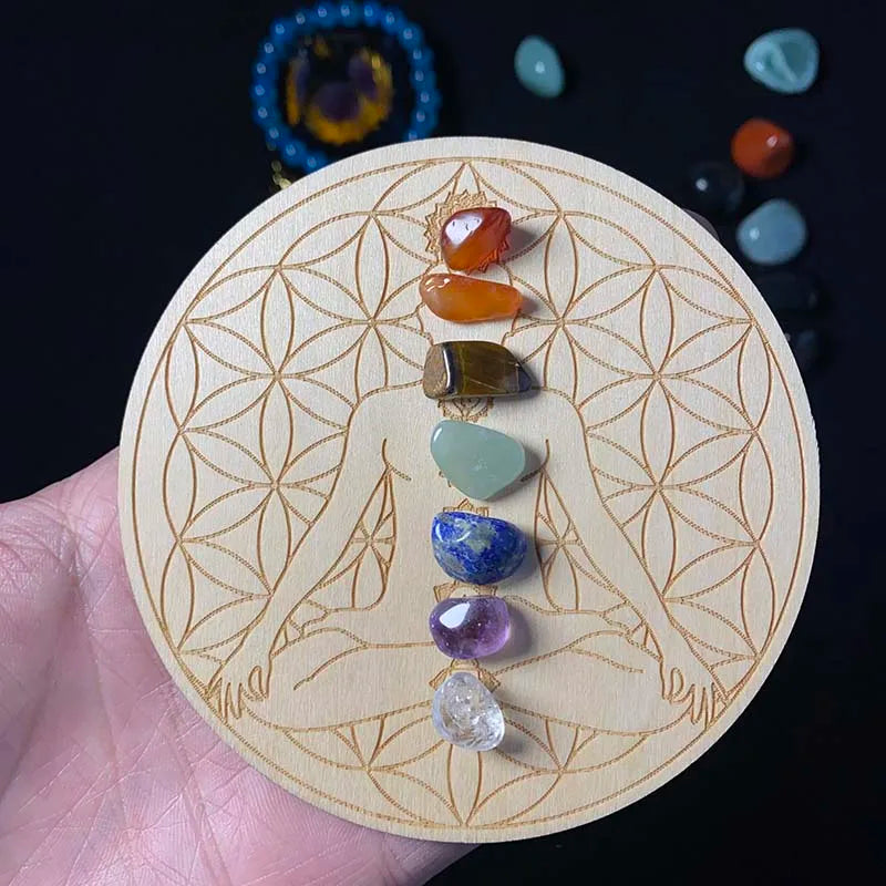 7pcs Set Natural Crystal Seven Chakra Healing Stone & Wooden Plate - Crystal Aura Co.